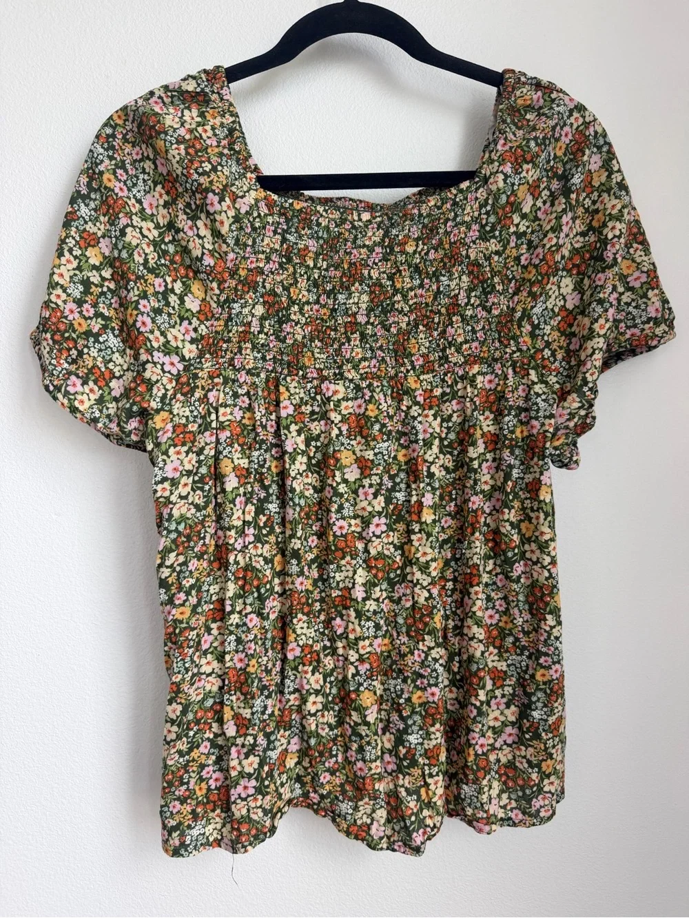 Old Navy Green Floral Smocked Square-Neck Blouse